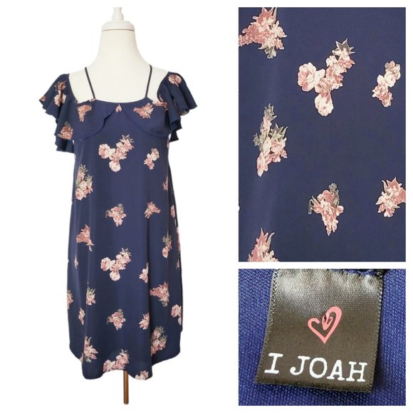 I Joah Tent Dress Navy Blue and Blush Pink Floral Cold Shoulder Knee Length - Picture 1 of 11